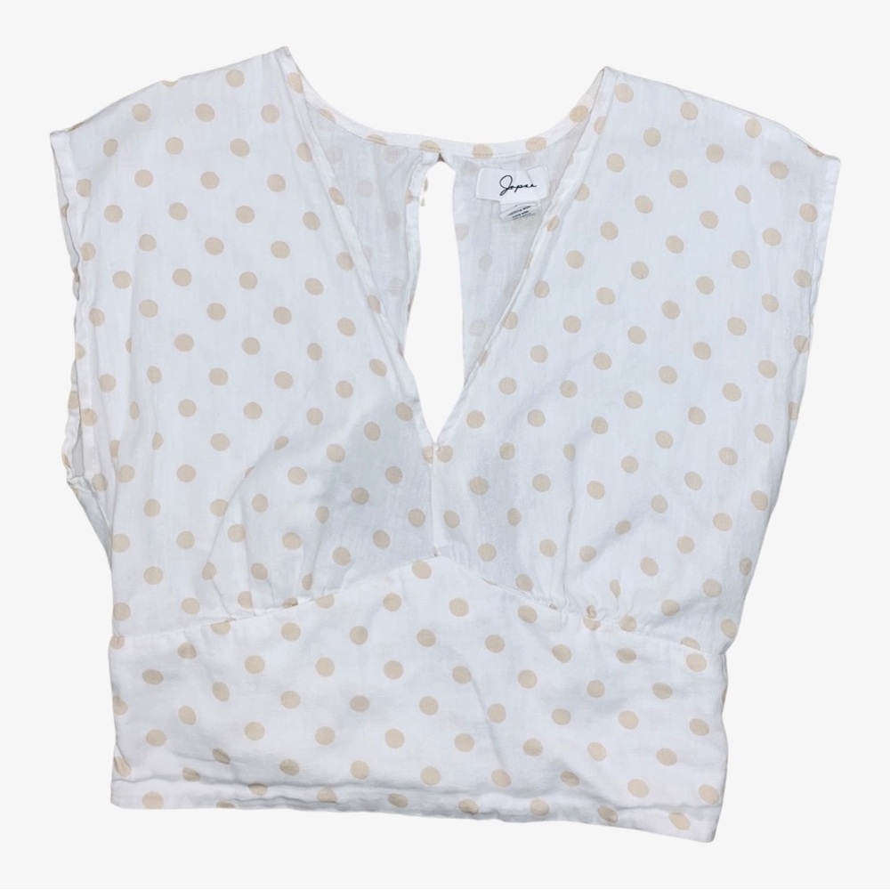 Japna Linen Sleeveless Polka Dot Crop Top V Neck Tie Back Cut Out White Light